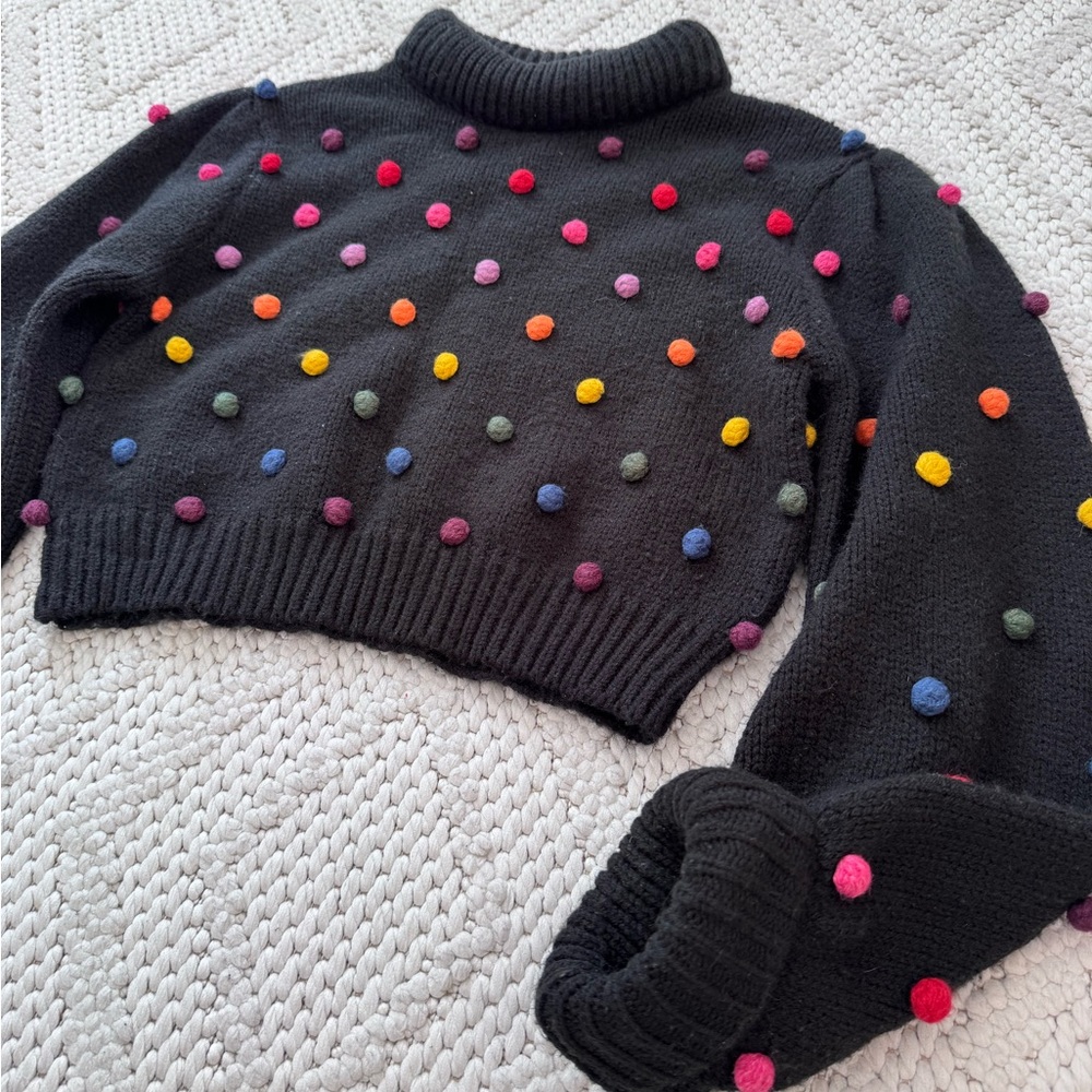 FARM Rio Black Cropped Turtleneck Sweater with Multicolor Pom Dots - Picture 2 of 8